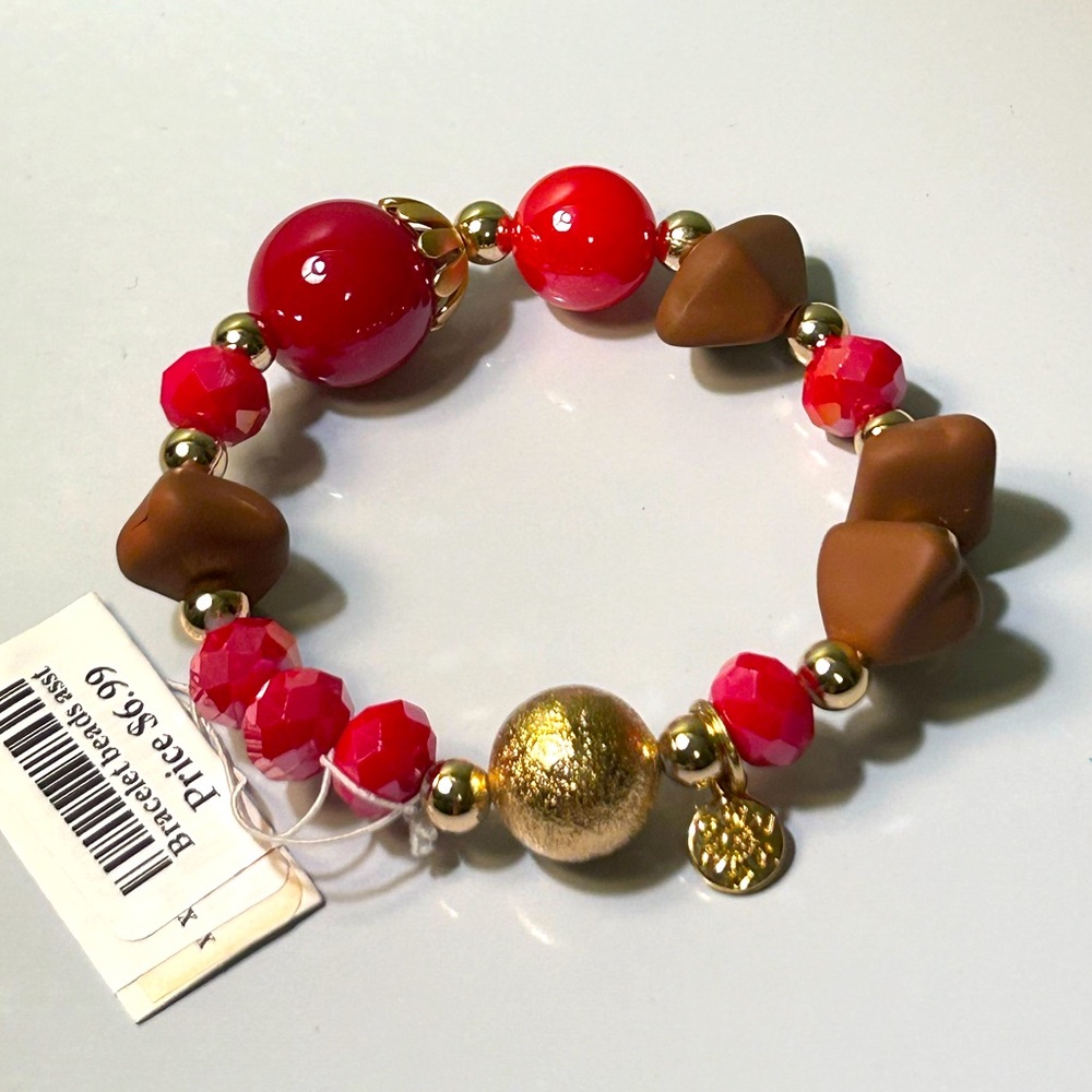 NWT Red and Gold Stone Beaded Bracelet